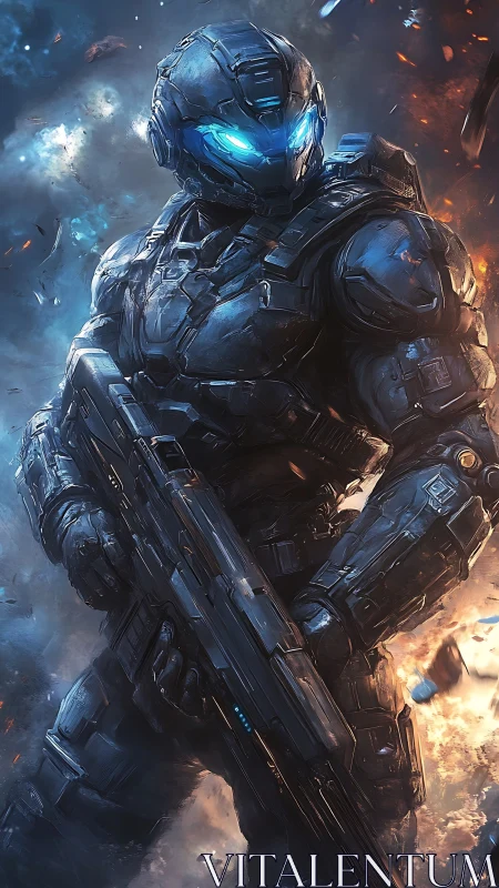 Armored space guardian standing firm in a storm of fire.