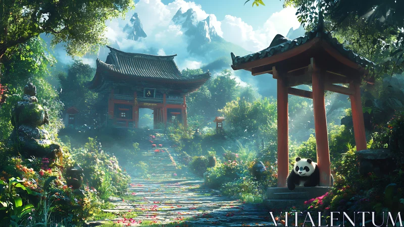 Digital garden temple scene depicts panda near red gate