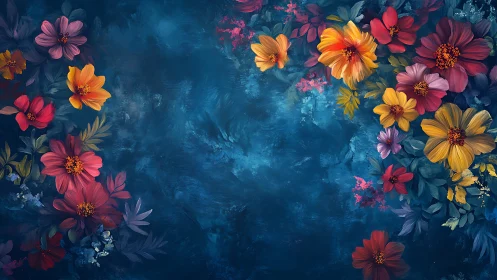 Vibrant Florals Against Deep Blue Textured Background.