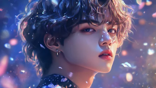 Digital portrait of young person in glowing petal field.