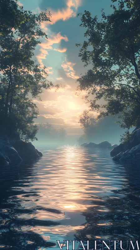 Volumetric sunrise over reflective river corridor simulation.