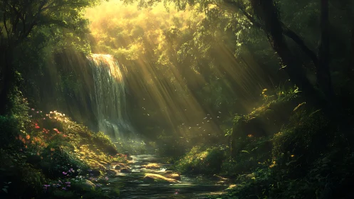 Sunlit forest waterfall where quiet light feels alive.