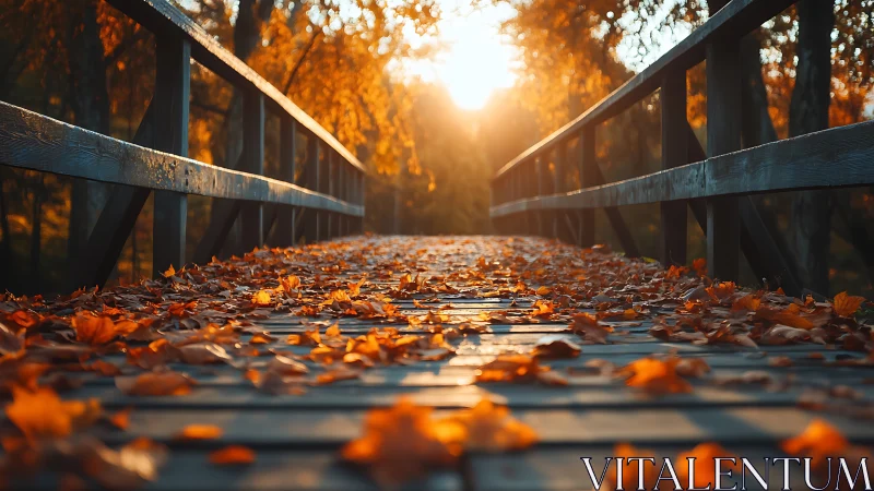 Golden autumn bridge glows softly in warm evening sunlight.