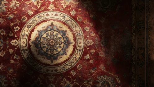 Sunlit central medallion on worn red oriental carpet.