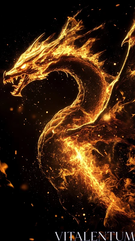 Volumetric fire dragon forms a dynamic serpentine arc in darkness