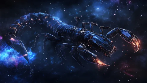 Cosmic scorpion rendered in glowing deep space scene.