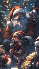 Santa figure and child in winter night festive scene.