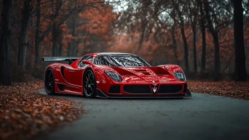 Low-slung red race car stands centered on a leaf-lined road