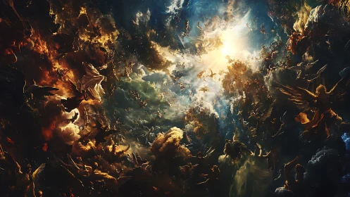 Celestial battle of angels rendered as luminous digital tableau