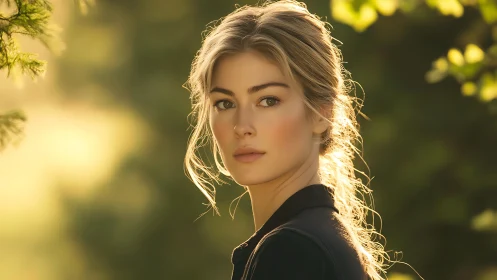 Soft golden portrait of a young woman in evening sunlight.