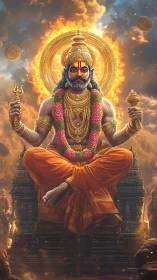 Hindu deity seated in meditation over ornate golden temple.