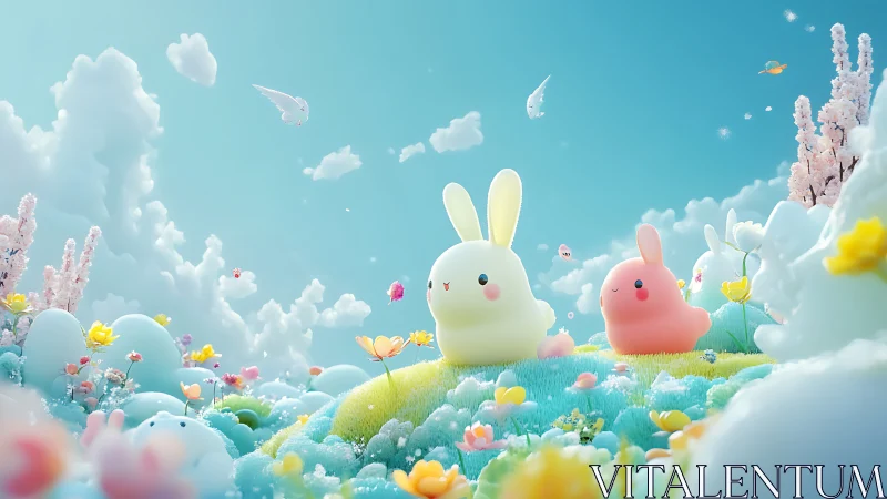 Soft 3D pastel bunnies in a stylized fantasy meadowscape.