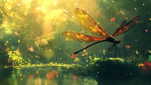 Dragonfly resting by luminous pond in soft forest light.