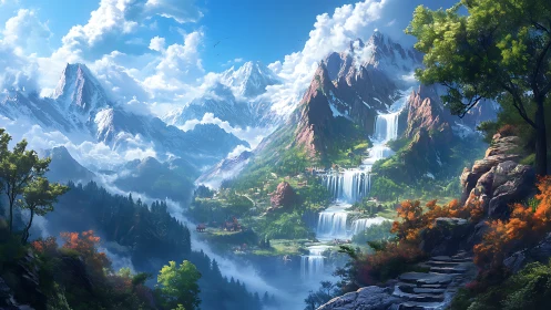 Cascading alpine waterfalls over terraced fantasy valley panorama