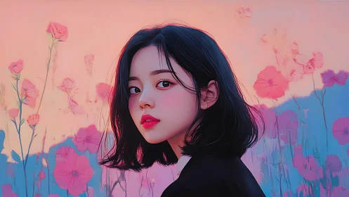 Digital portrait of woman before stylized floral background