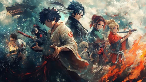United anime warriors stand strong in swirling elemental storm.