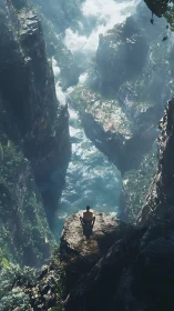 Solitary figure overlooks vast misty canyon from cliff edge