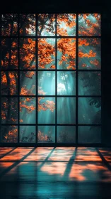 Forest view through tall grid window with light rays.