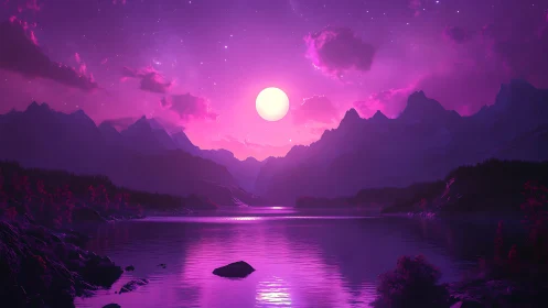 Ultraviolet-toned mountain lake under large central moon.