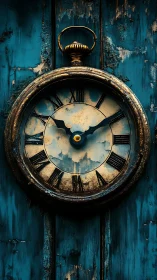 Weathered pocket watch resting on a rustic teal door.