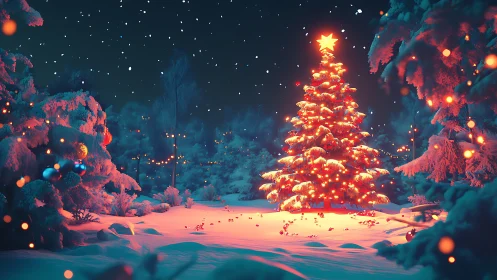 Starlit forest Christmas tree glowing like winter fire.