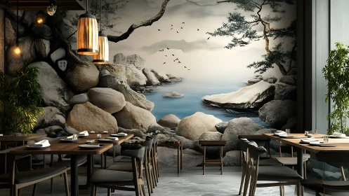 Lakeside mural enriches serene contemporary dining space.