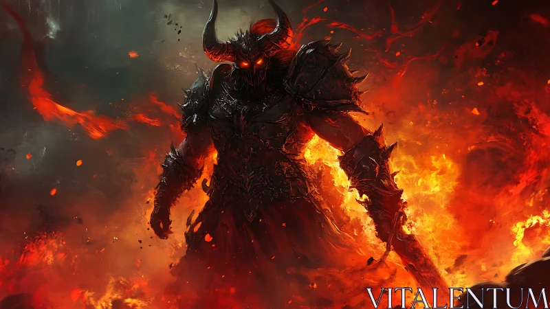 Infernal armored warlord emerges from flames in dynamic chiaroscuro