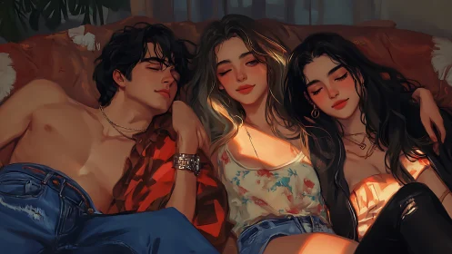 Velvet Hour Reverie: Three Souls in Amber Glow.