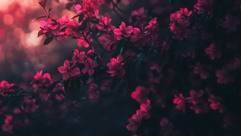 Magenta blossoms glow in ethereal twilight mystery.