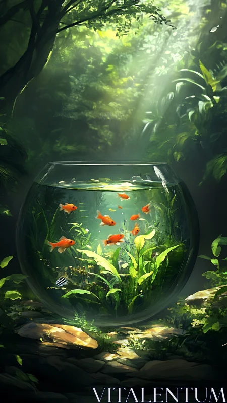 Goldfish bowl set in dense forest with filtered daylight.