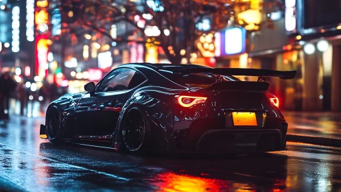 Widebody tuner coupe in neon-lit rainy city streetscape