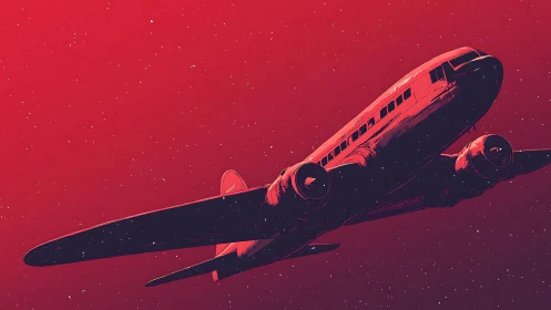 Red-toned illustration of vintage propeller airplane in flight.