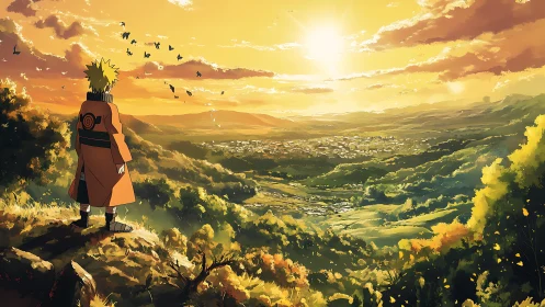 Anime figure on ridge overlooking illuminated valley landscape.