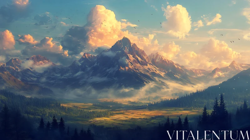 Mountain range over foggy valley under scattered clouds.