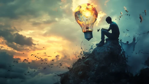 Silhouette on rocky peak beside luminous fragmented bulb.