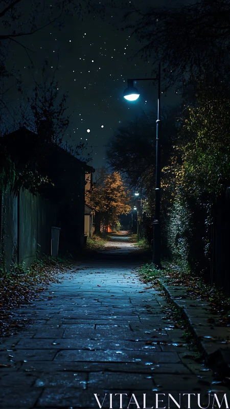 Nocturnal wet alleyway under cool urban lamplight perspective.