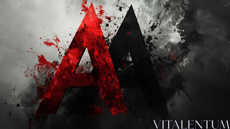 Abstract red and black letter A pair in splatter haze.