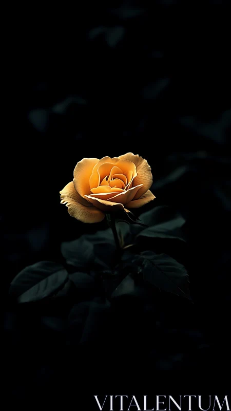 Golden Rose Blooming Against Darkness. Warm Light.