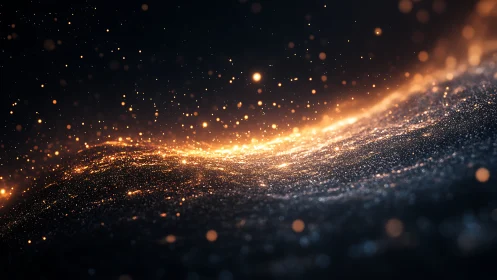 Glowing particle field over dark undulating surface at night.