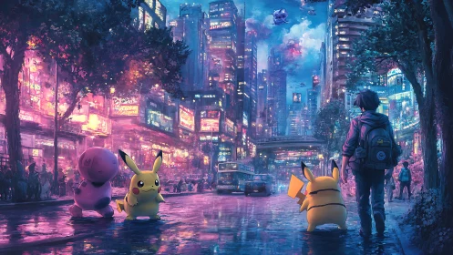 Neon city stroll with Pikachu and friends under glowing skies.