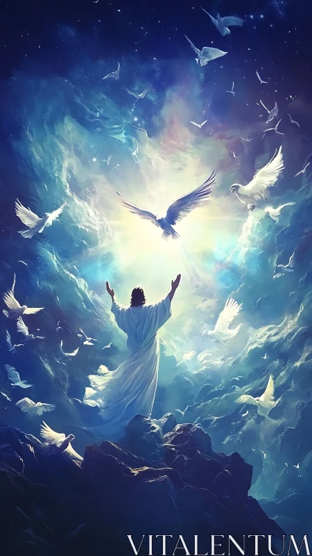 Luminous heavenly figure with doves in radiant sky vision.