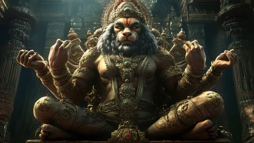 Lion-headed multi-armed deity statue occupies temple interior