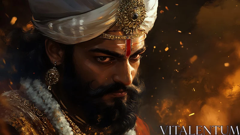 Regal warrior king in jeweled turban amid fiery sparks.