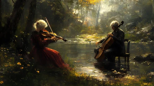 Gentle woodland duet where strings and sunlight softly meet.