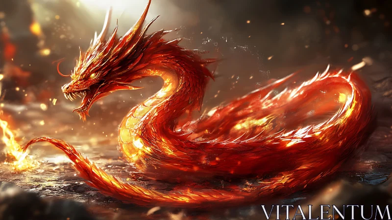 Serpentine fire dragon coiled in luminous molten terrain.