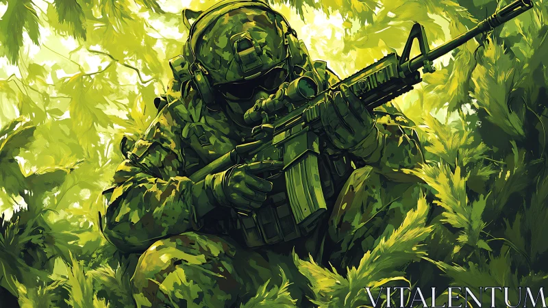 Camouflaged soldier in dense foliage adopts low tactical stance