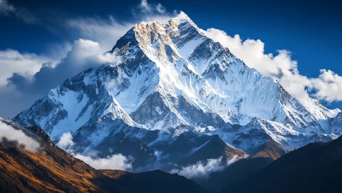 Snowbound Himalayan peak under dramatic cloud canopy.