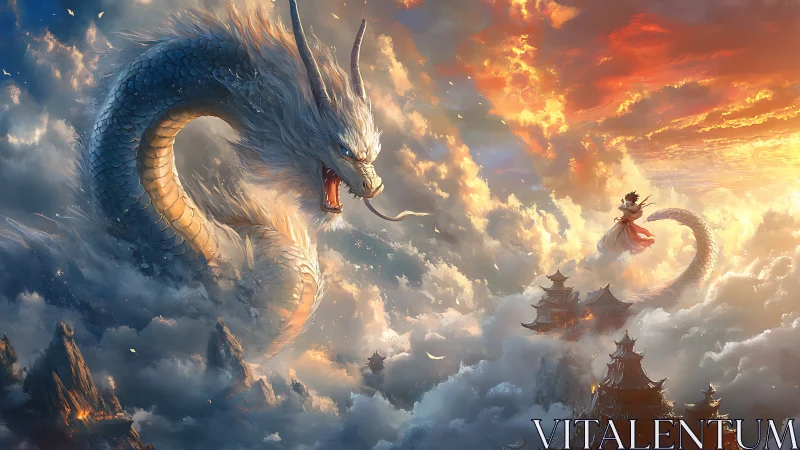 Sky serpent guarding floating temples at blazing dawn.