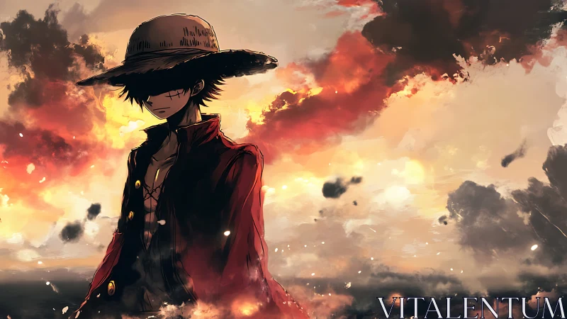 Straw-hatted drifter walks beneath tidal waves of fire sky.