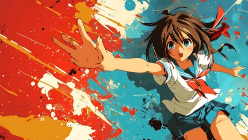 Anime schoolgirl reaching forward over bold paint splashes.
